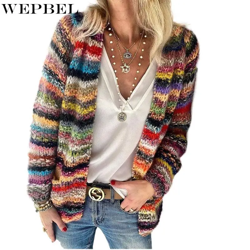 

WEPBEL Women's Fashion Autumn and Winter New Printed Cardigan Long-sleeved Striped Sweater Long Knitted Cardigan Sweater