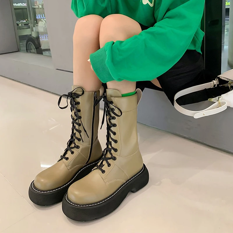 

Thick Sole Big Round Toe Chelsea Boots Women Chunky Heels Cow Leather Mid Calf Motorcycle Boots Woman Cross-tied Ladies Shoes