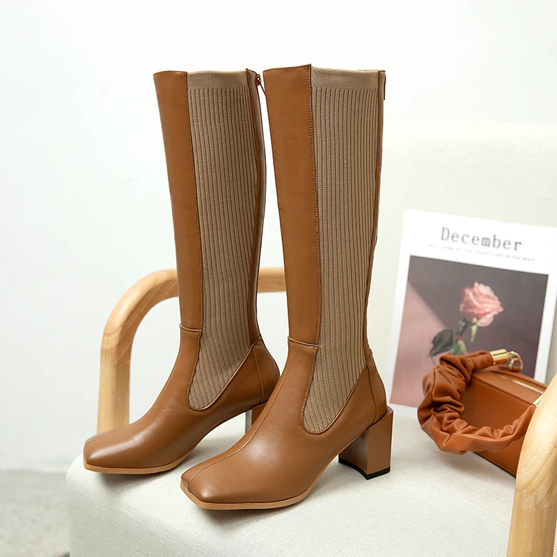 

Genuine Leather knitting Women Knee High Boots woman Square Toe Boots Women Long High Heel Boots party wedding shoes woman
