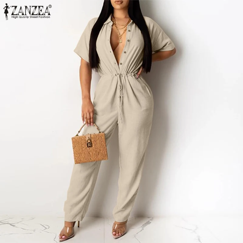 

Комбинезон женский х/б, с коротким рукавом и отворотами, на пуговицах, лето, Женский костюм пляжного вида на завязках