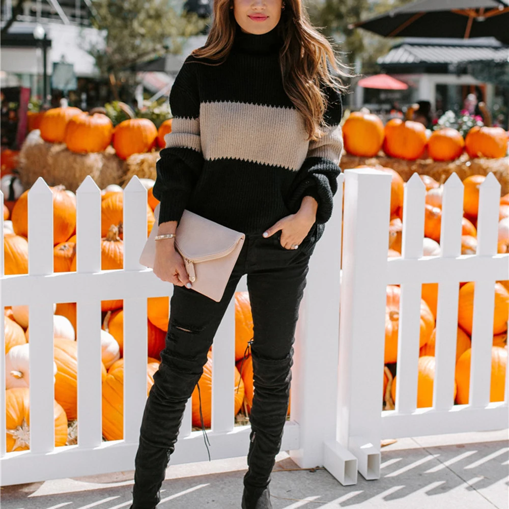 New Arrival Women Knitted Striped Sweaters Warm Turtleneck Full Sleeve Pullover Fall Winter Fashion Knitting Jumpers | Женская одежда