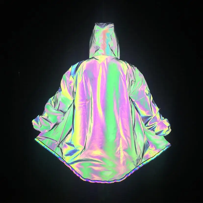 

Men Spring Autumn Colorful Reflective Long Trench Coat Street Punk Hip Hop Hooded Cloak Jackets Male Nightclub DJ Stage Costume