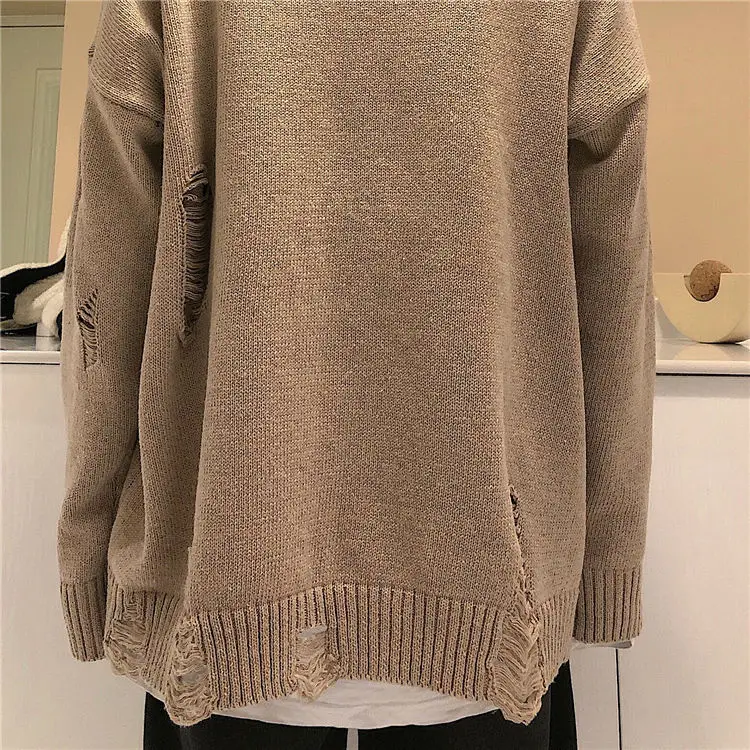 

Casual sweater street Bear jacquard destroyed hole knitted sweater Autumn winter loose O-neck warm pullover sweater women men