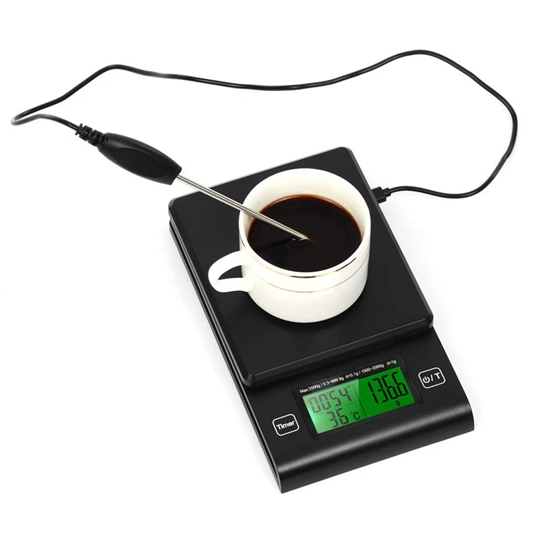 Hot Sale Digital Coffee Scale Multifunction Kitchen Food With Timer Temperature Probe Lcd Display Green Backlight 2000G/1G | Дом и сад