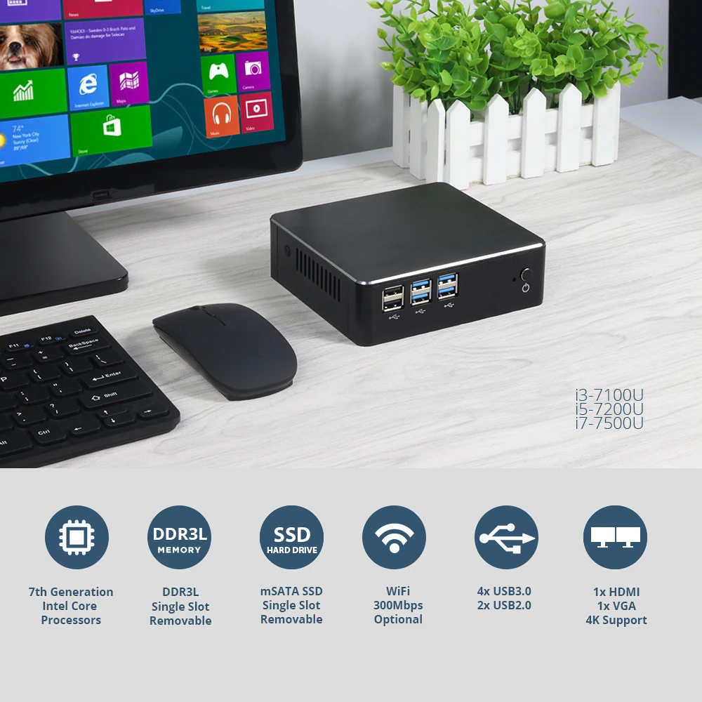 Мини ПК Intel Core i7 7500U I5 7200U i3 7100U 2955U 4K HTPC компьютер Linux Windows 10 MiniPC Gamer Настольный DDR3L Micro