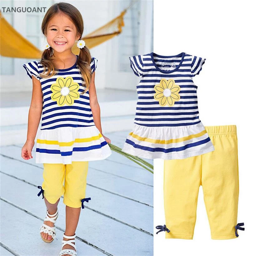 

TANGUOANT Summer Girls Clothing Sets Baby Kids Clothes Suit Children Sleeveless Striped T-Shirt +Pants roupas infantil meninas