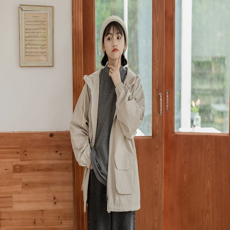 

2021 Spring And Autumn New Windcoat Jacket Female Mid-Length Design Sense Loose Zipper Japanese Hooded Top Tide