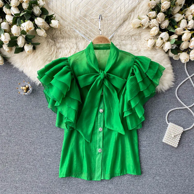 

Women Chiffon Blouse Multi-Layers Ruffled Puff Sleeves Sweet Lace-up Bowtie Collar Slim Shirts Single-breasted Blusas Mujer Tops