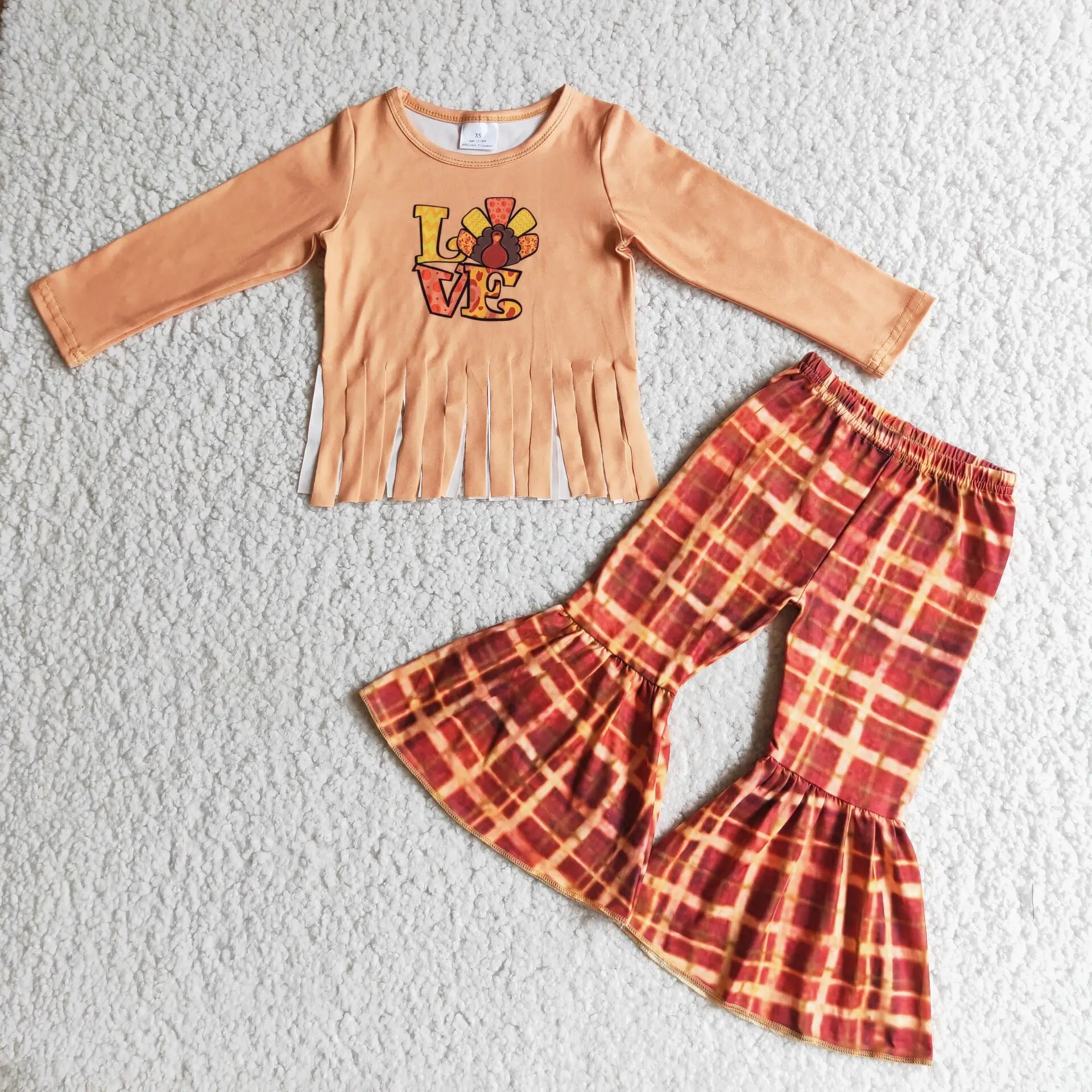 

Fall Winter Kids Clothing Love Turkey Orange Fringed Top And Check Flared Trousers Children's Clothes