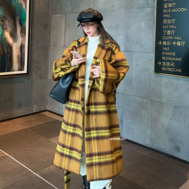 

Женское однобортное пальто в шотландскую клетку, прямое шерстяное пальто с поясом, Толстая теплая верхняя одежда большого размера в Корейс...