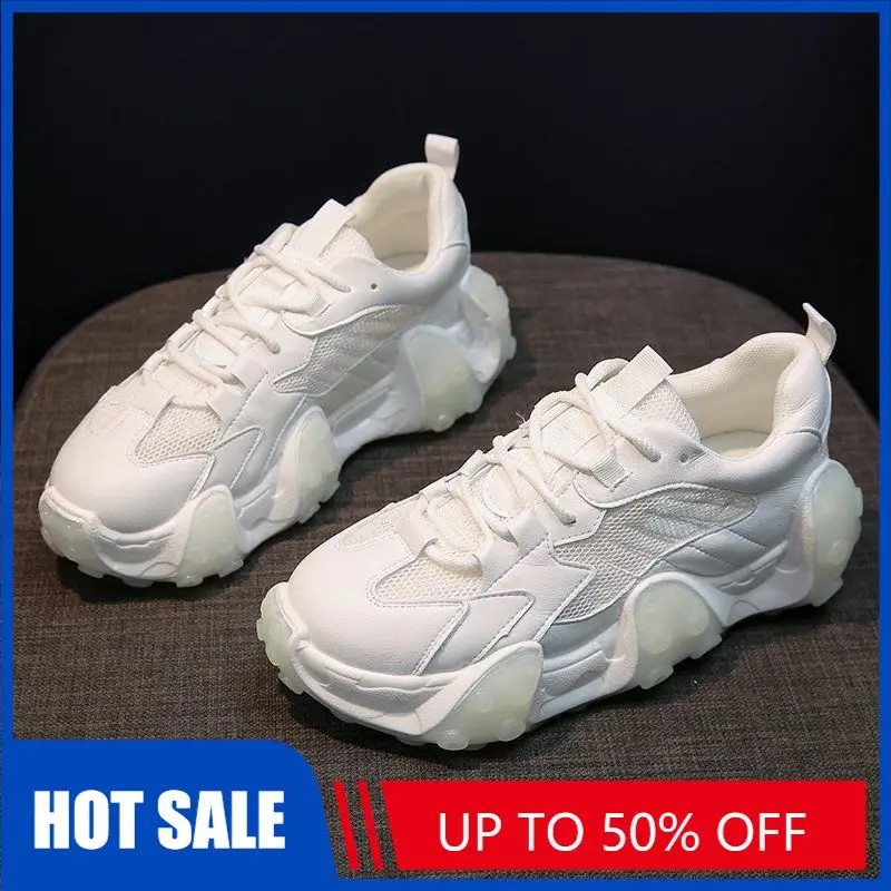 

KUAFU Fluorescent Lighted White Girls Mesh Sneakers 4cm Thick Octopus Sole Breathable Women Running Shoes Ins 2021 Summer Sport