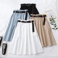 doujili summer short skirt tall waist vintage pure color bottoms pocket belt white blue black khaki casual skirt