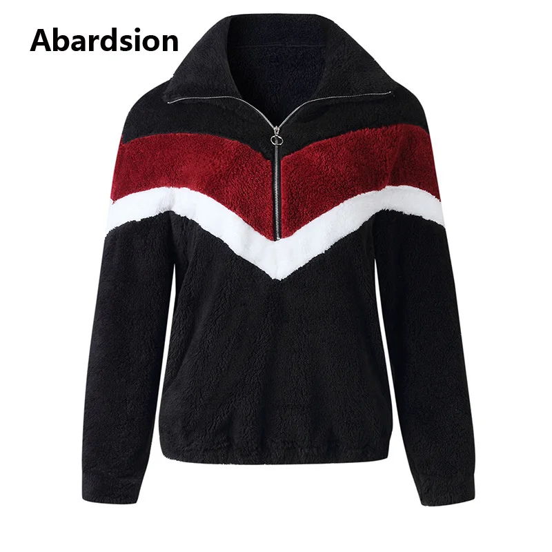 Abardsion/осень-зима, теплые меховые толстовки, верхняя одежда, Женский пуловер, Повседневный, пэчворк, на молнии, с длинными рукавами, плюшевая Толстовка
