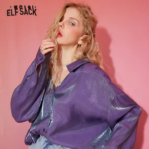 Женская атласная блузка ELFSACK, фиолетовая однотонная блузка большого размера на шнуровке, весна 2020, новые женские топы на каждый день в Корейском стиле зеленого цвета с длинными рукавами