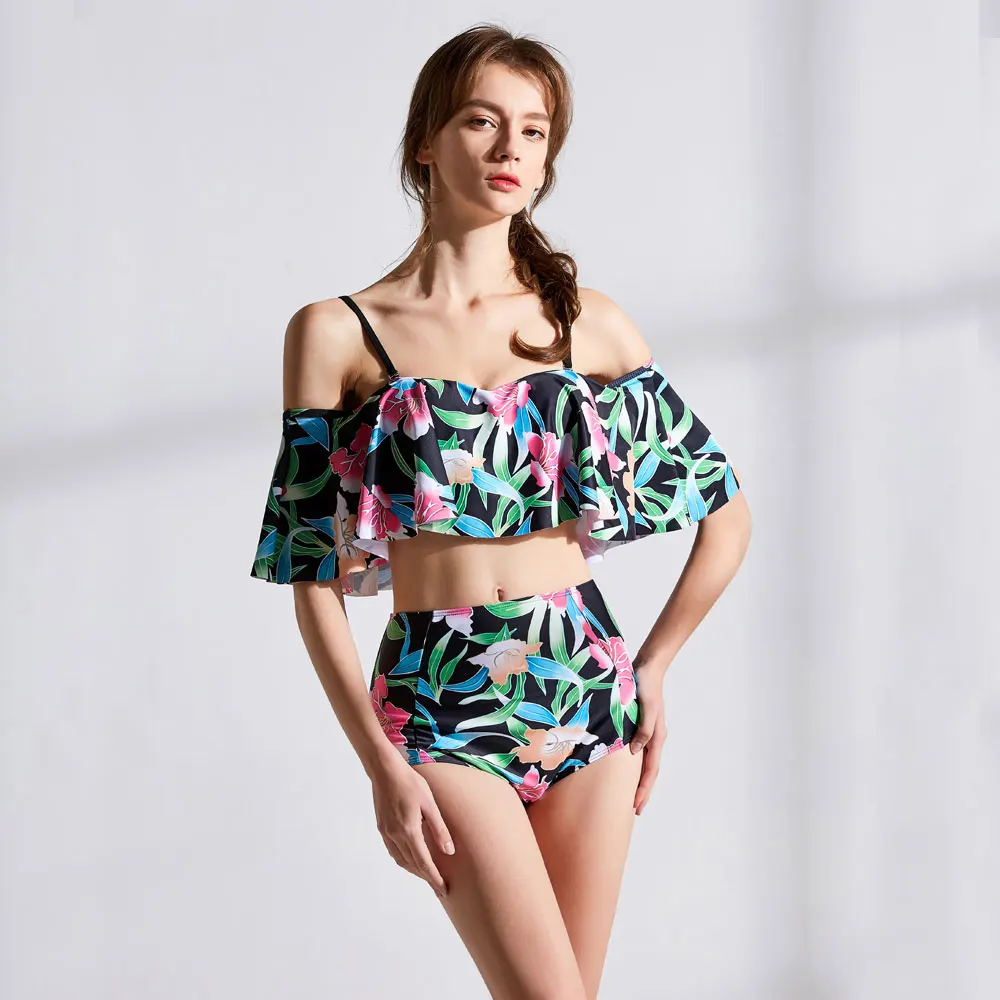Женский купальник с оборками и открытыми плечами бикини цветочный принт два