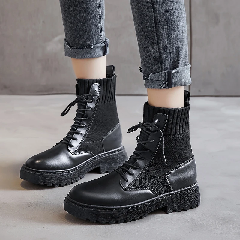 

Autumn Boots Women Shoes Woman Boots Fashion Round PU Ankle Boots 2020 Winter Elastic Black Boots Comfortable Boots Motorcycle