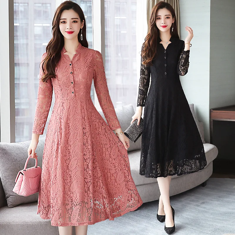 

Elegant Black Stand Collar Long Sleeve Women Lace Maxi Dress Party Runway Vestido 2021 Autumn New Arrival