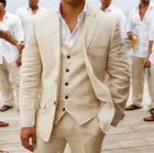 Классический Бежевый Льняной пляжный мужской смокинг из 3 предметов на заказ для жениха, лучший мужской смокинг для выпускного вечера, облегающий пиджак, жилет, брюки, свадебный костюм