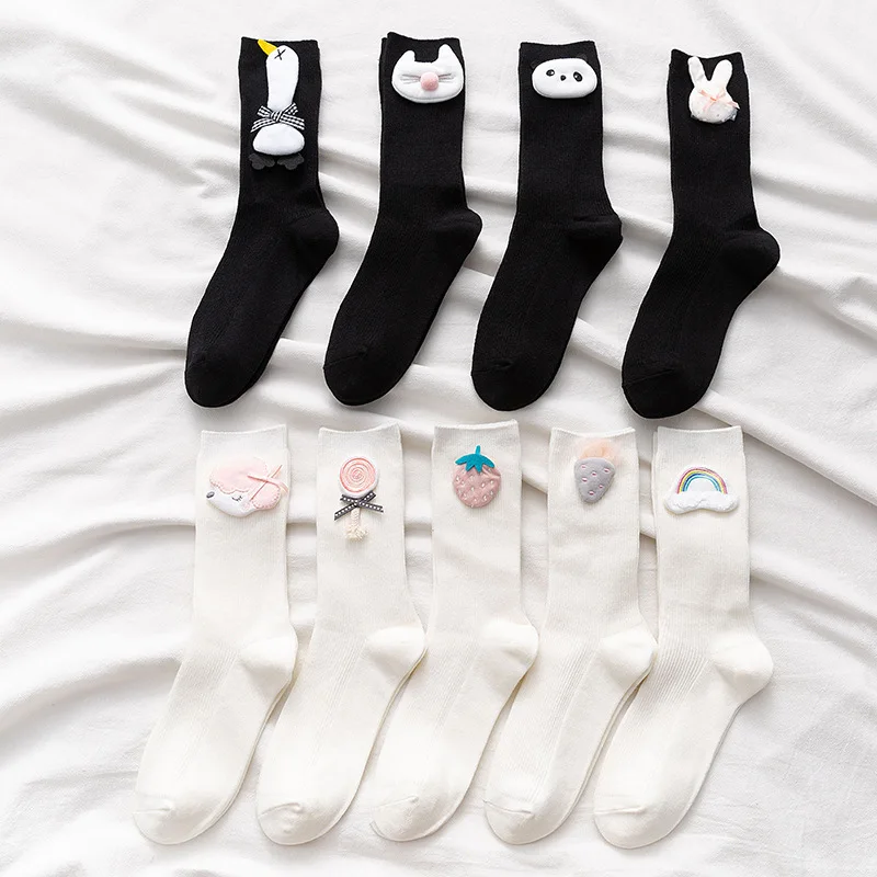 

Черные и белые японские кавайные женские носки хлопковые для осени и зимы с объемными животными женские носки забавные и кавайные 102201