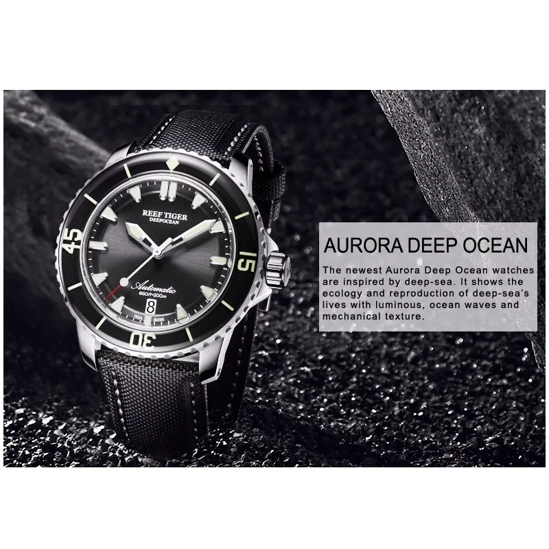 Reef Tiger/RT супер светящиеся часы для дайвинга 200 м Водонепроницаемые Мужские аналоговые автоматические часы с синим циферблатом нейлоновый ремешок RGA3035 SINOWATCH