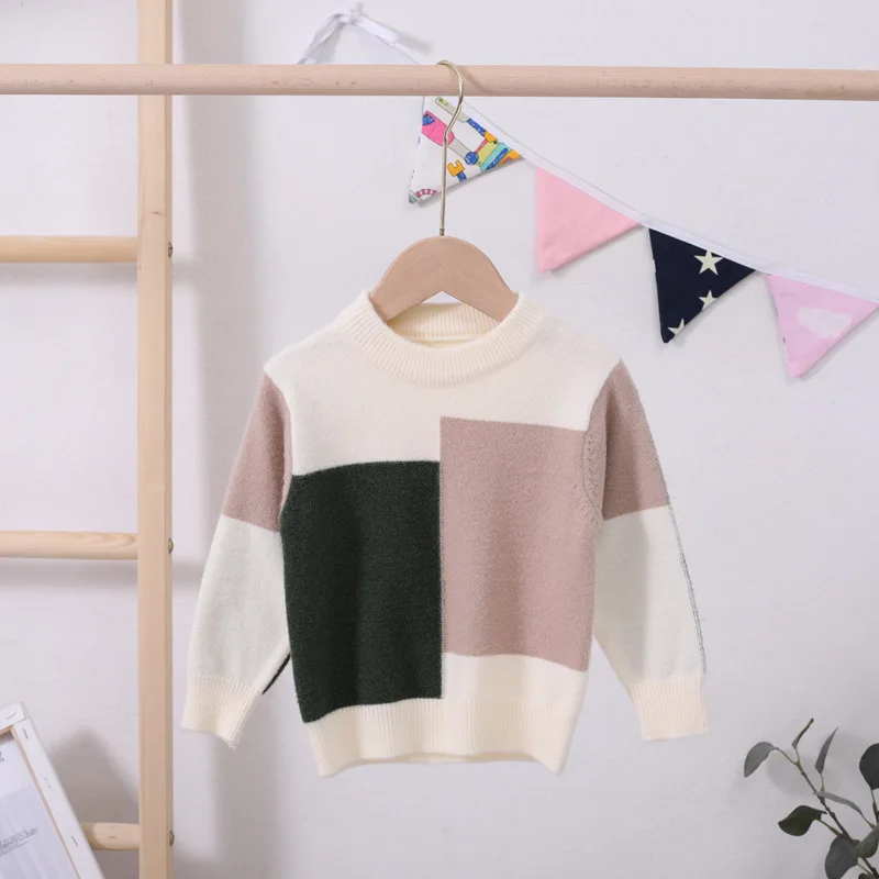 Autumn Winter Toddler Boys Sweater Baby Knitwear Tops Plaid Patchwork Kids Pullover Girls Clothes RT163