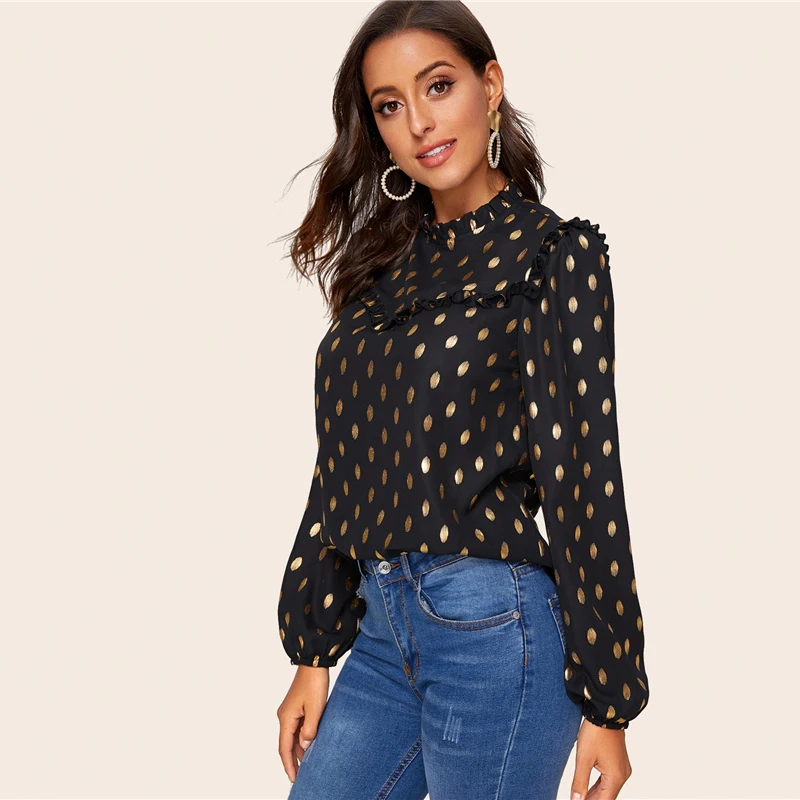 SHEIN черная блузка с оборкой и рукавом-фонариком, с золотым принтом в горошек, женская блузка, весенний сезон осень, со стоячим воротником, элегантные офисные женские блузки