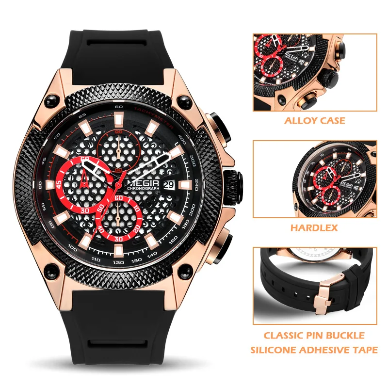 MEGIR Mens Watches Top Brand Luxury Silicone Sports Watch for Men Relogio Masculino Rose Gold Chronograph Wristwatch Man Clock | Наручные