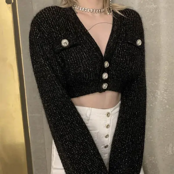 

Women 2021 Autumn Winter Solid Color Knitted Cardigan Jacket Female Short Sexy V-neck Coats Ladies Slim Long Sleeve Outwear D379