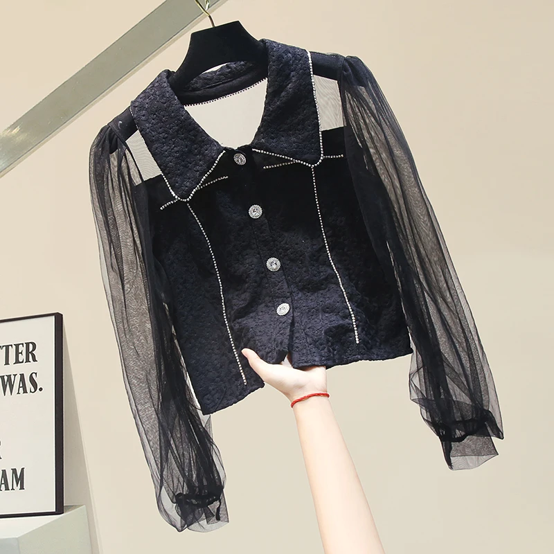 

Short Mesh Sleeve Patchwork Chiffon Shirt for Women Retro 2021 Spring Autumn Perspective Gauze Blouse Tops Office Lady Blouses