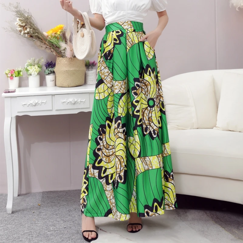 

2021 Summer New Skirt Fashion Green Big Flower Slim Dress Elastic Waist High Waist Pleated Ballet Long Skirt Women