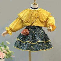 2021 fall autumn new girl sets childrens clothing lace edge big lapel shirt long sleeves plus floral skirt 2pcs casual outfits
