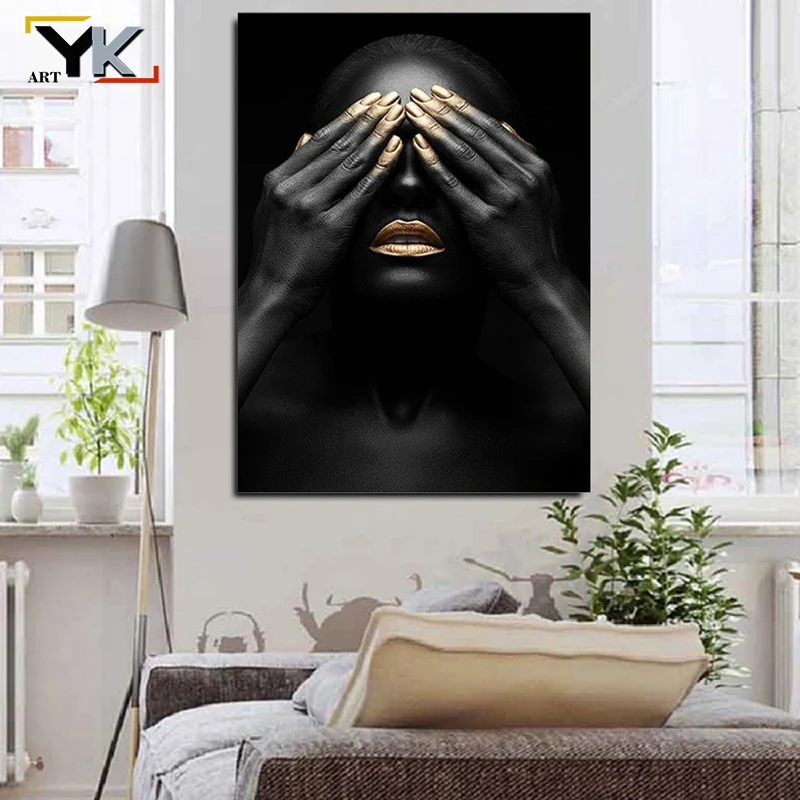 HD печать черный и золотой Африканский Обнаженная Картина на холсте женщина
