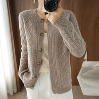 2021 autumn and winter new low round neck 100 pure wool cardigan womens loose fashion cable all match knitted top ladies jacket