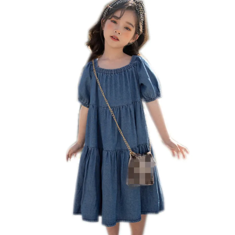 

6 to 16 years kids & teenager girls summer square collar jeans flare dress children girl fashion blue denim tiered dresses