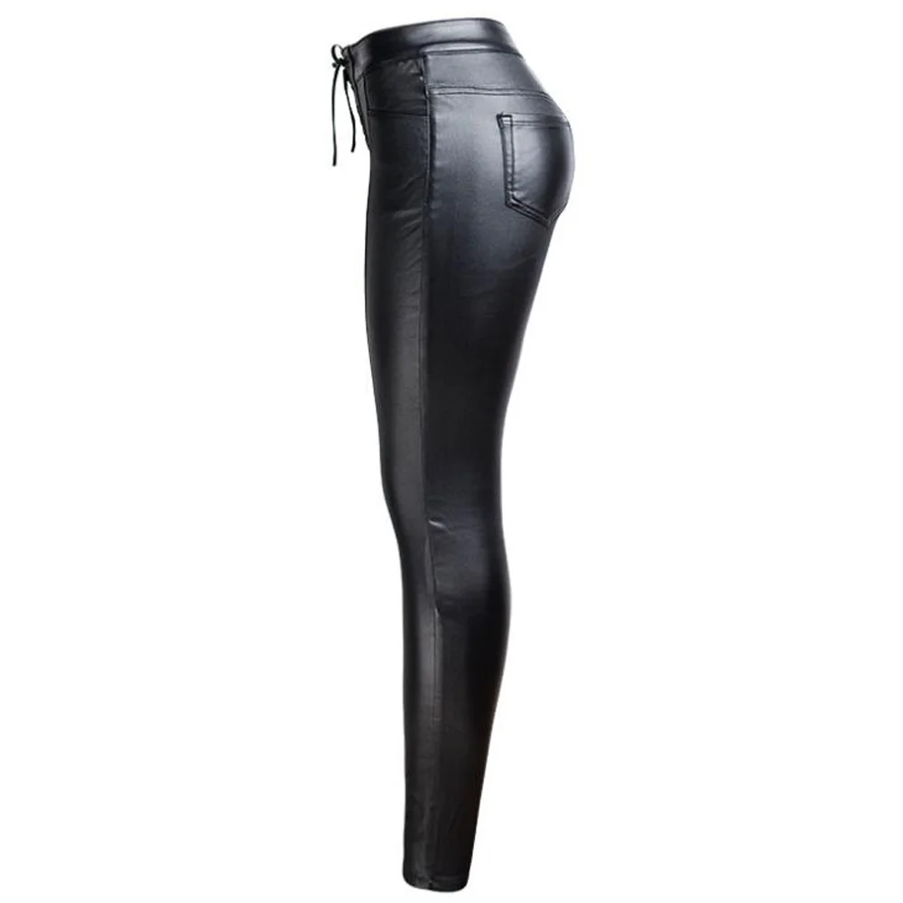 Джинсовые кожаные брюки с завышенной талией женские облегающие узкие завязками