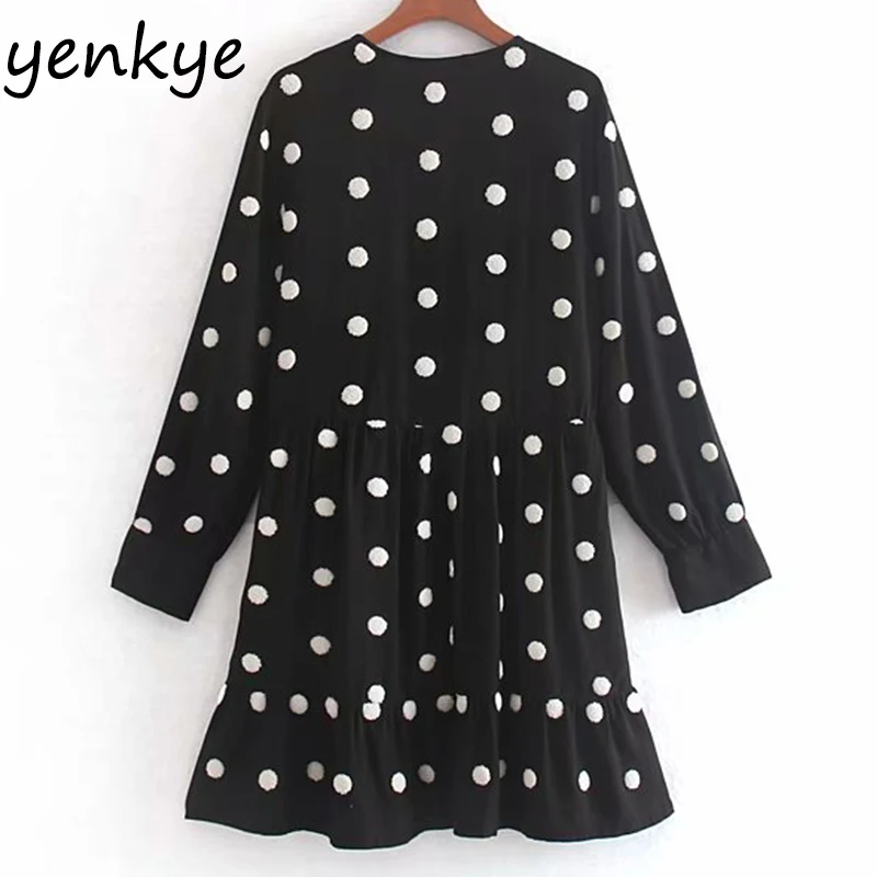 Осеннее платье 2019 женское в горошек с вышивкой Плиссированное Повседневное v