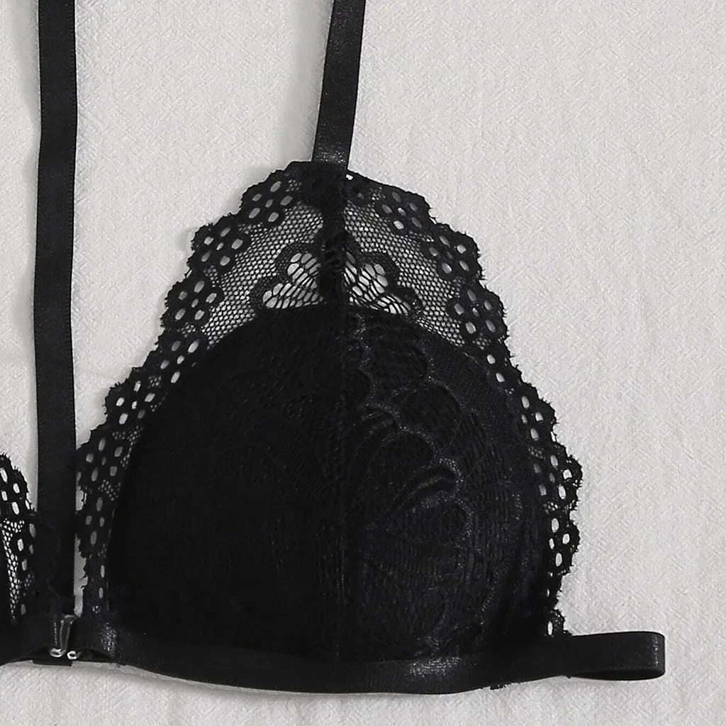 

Sexy Lace Bra and Panty Set with Garter Belt Women's Lingerie Y-Line Strap Transparent Brief Bra Sets Bandage Underwear S-XL