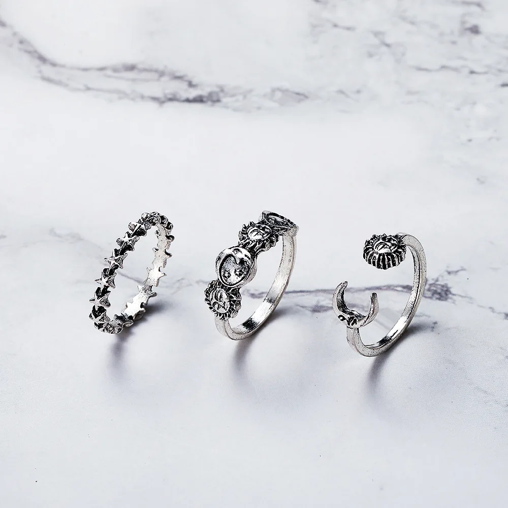 

3pcs Retro Alloy Star Moon Open Set Joint Ring For Women Fashion Punk Exaggeration Face Metal Ring 2021 New Jewelry Wholesale