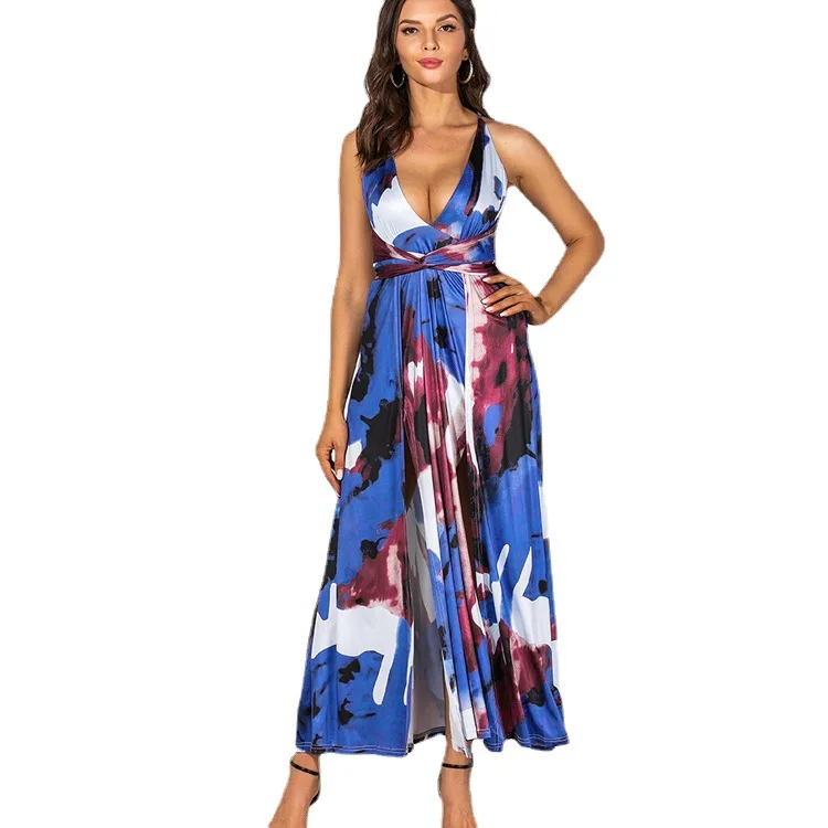 

Women's Sleeveless Long Skirt 2021 Summer European And American New Style Sexy V-Neck Halter Bifurcated Print Beach Casual Dress