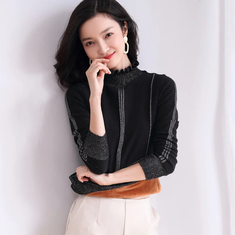 

Ruffled Thick Velvet Knit Pullovers Women Sweaters 2019 Winter Turtleneck Fashion Pullover Pull Femme Sweater