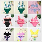 От 7 до 14 лет бикини для девочек, купальный костюм для девочек в тропическом стиле, купальный костюм из двух предметов с оборками, детский купальник, детская пляжная одежда