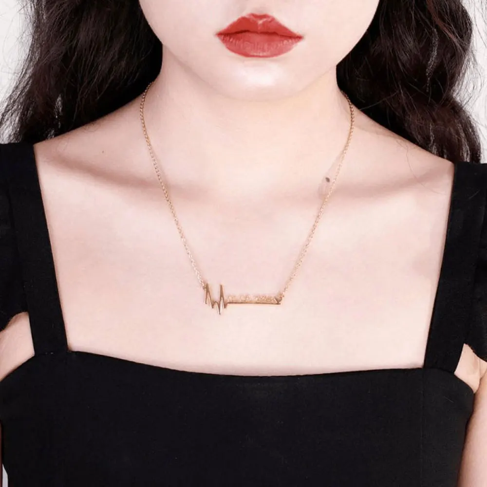 

Mini-World Customized Date Name Heartbeat Pulse Necklace Stainless Steel Ladies Love Heart Necklace Valentine's Day Jewelry Gift