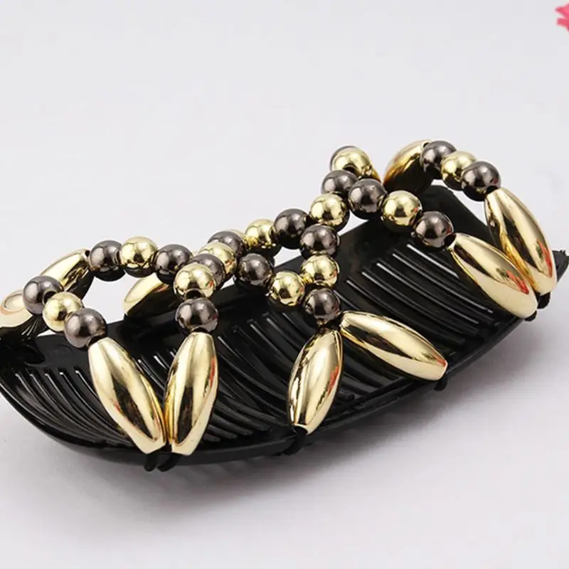

Ladies Women Elastic Hairpin Stretch Double Magic Hair Comb Handmade Beaded Hair Clip Bun Maker DIY Styling Tool 3 Colors