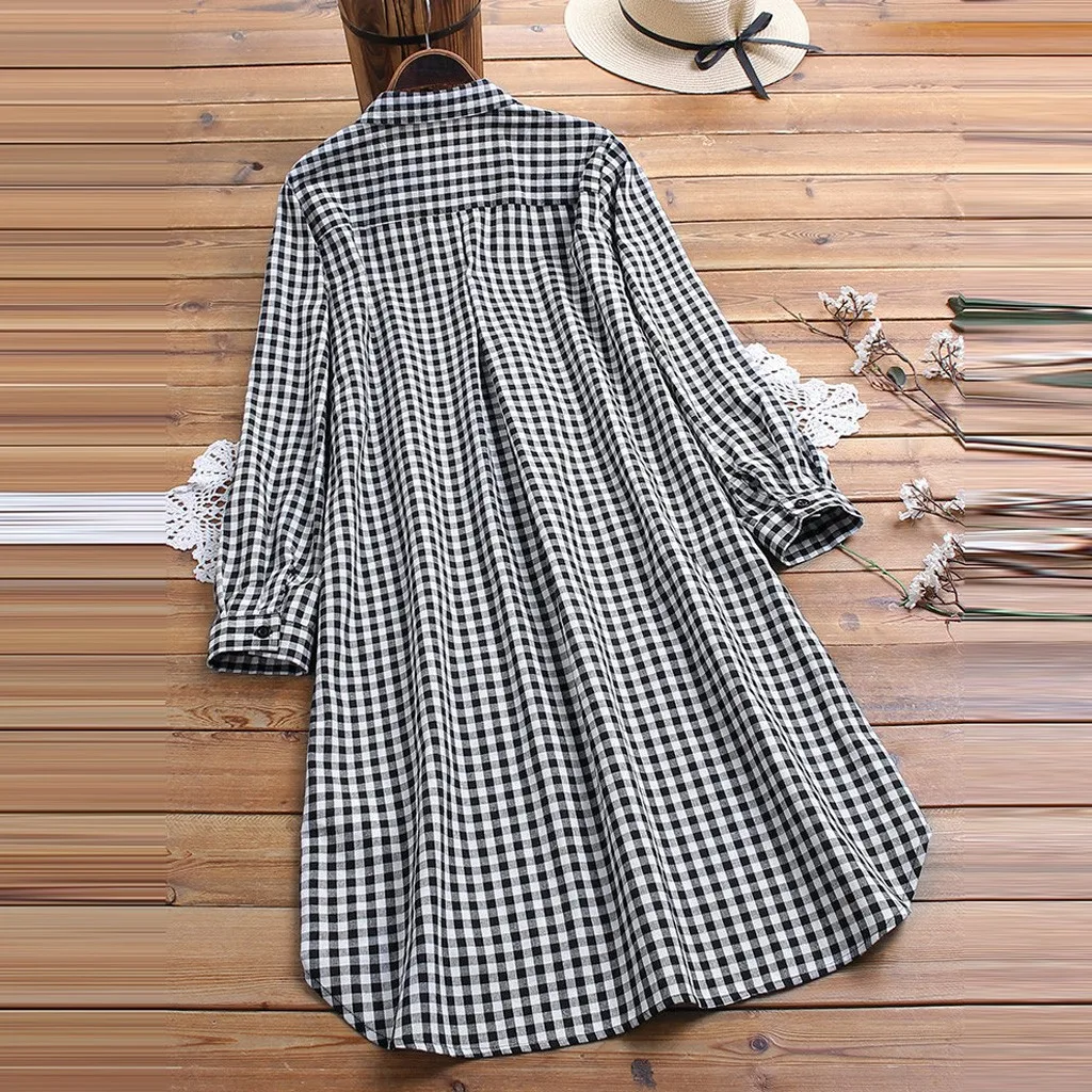 Женское платье с отложным воротником длинным рукавом и клетчатым