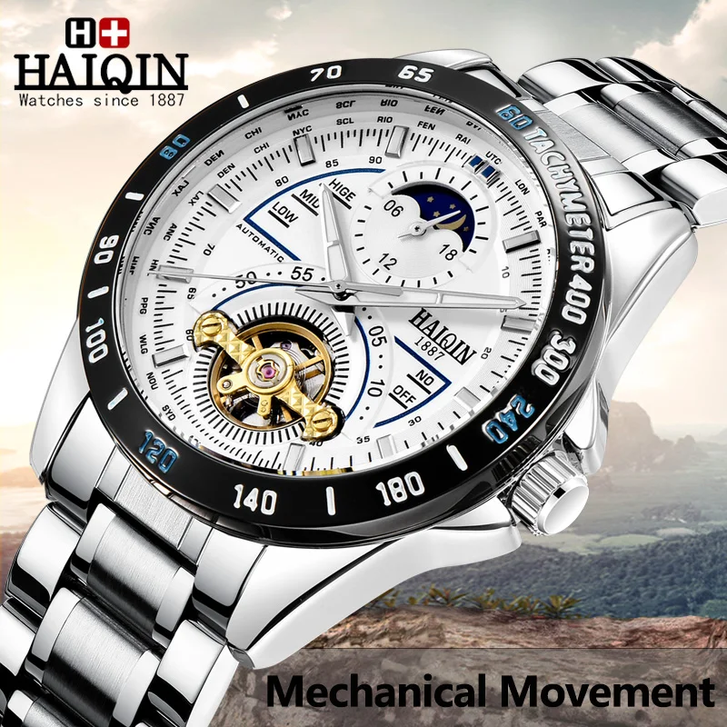 Часы наручные HAIQIN Мужские механические модные брендовые Роскошные спортивные