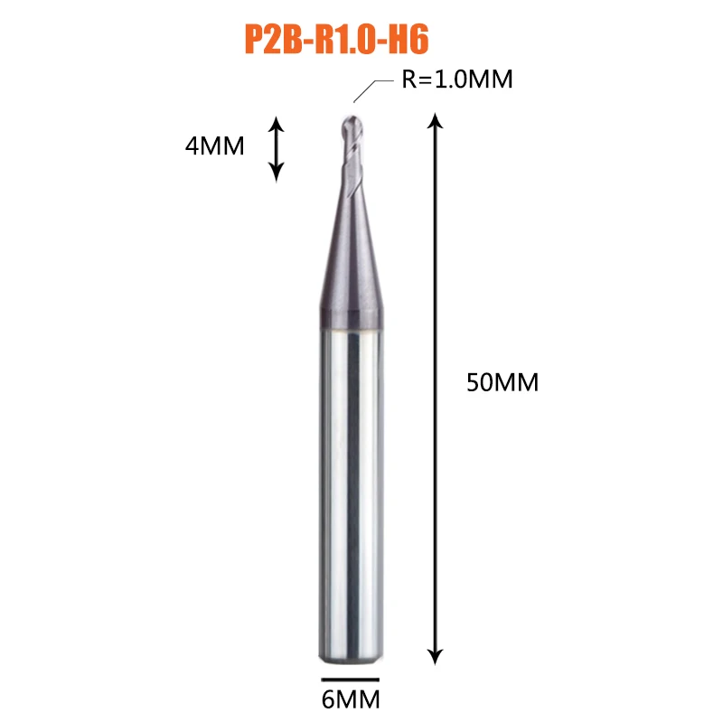 1PC-P2B-R1.0-H6 1 шт. торцевая фреза с шариковым концом 2 флейты R0.5-R6.0 фрезерный станок с ЧПУ для обработки металлических граней и пазов hrc50 концевые фрезы с покрытием - Длина режущей кромки: 1PC-P2B-R1.0-H6