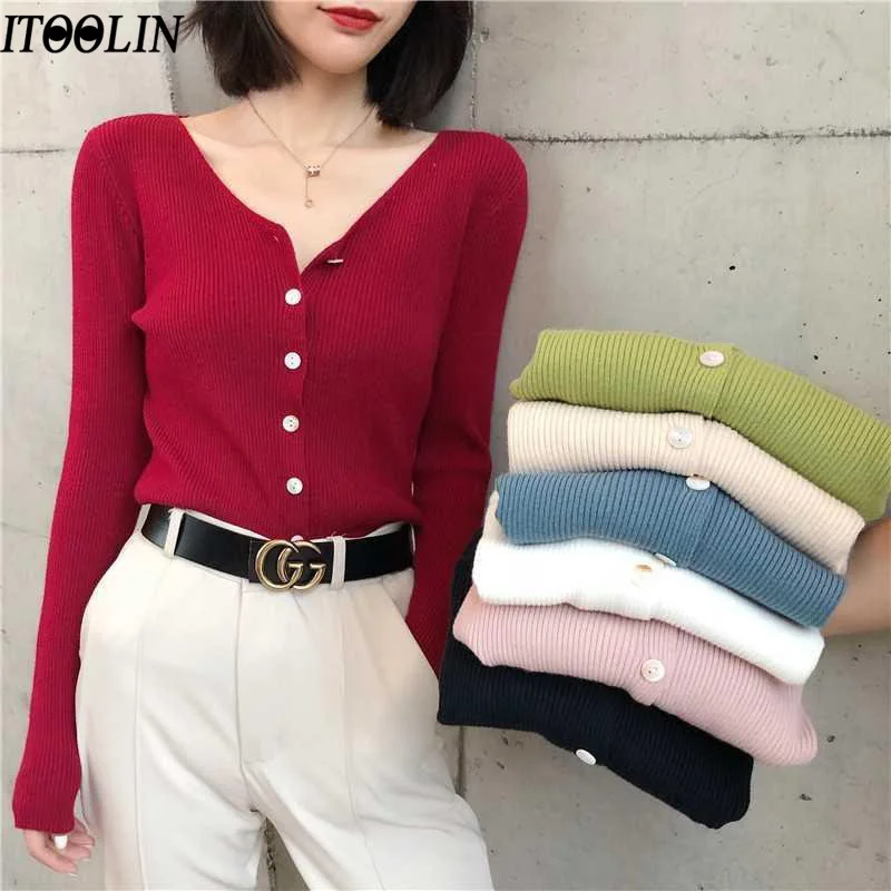 

ITOOLIN, осень 2020, женская одежда, зеленый кардиган с длинным рукавом и V-образным вырезом, свитера для женщин, вязаный кардиган, топ, топы с откры...