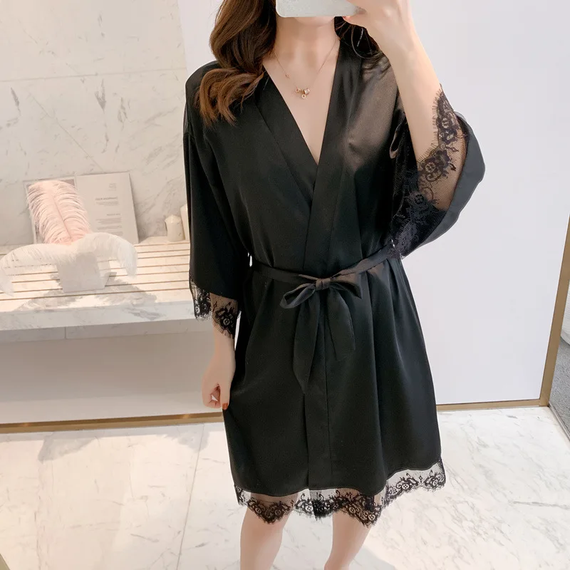 

Bride Bridesmaid Wedding Robe Faux Silk Sleepwear For Women Kimono Bathrobe Gown With Lace Sexy Nightgown Home Clothes