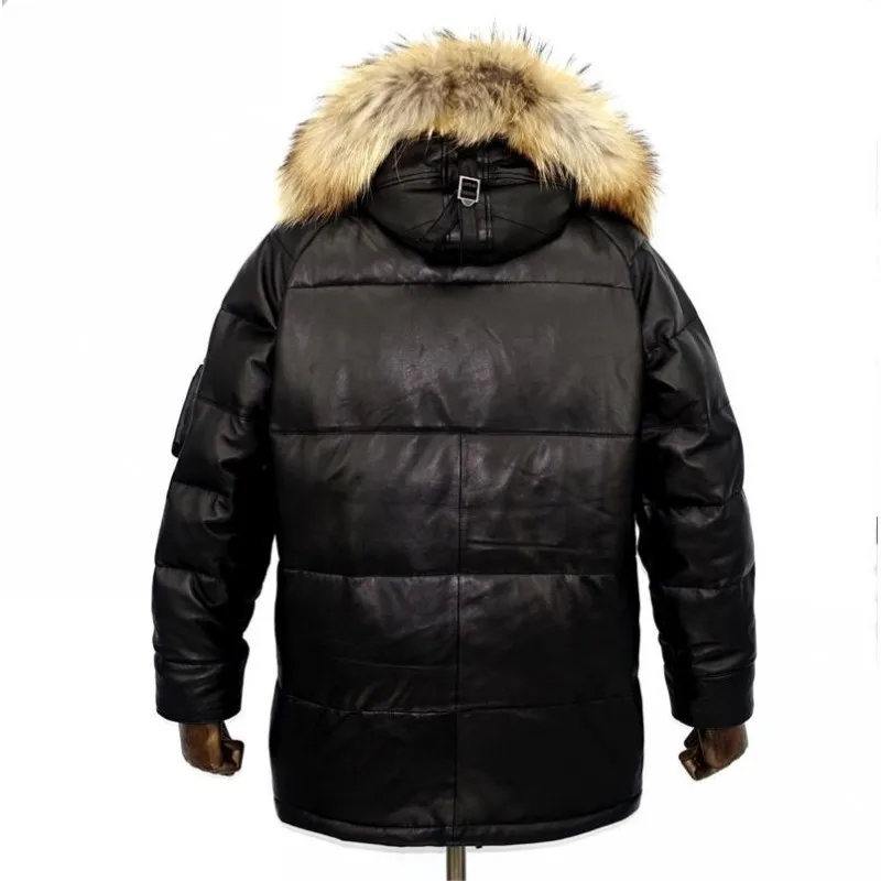 

Fur Collar Winter Hooded Overcoat Men Padded Parka Thick Warm Cold Jacket Genuine Leather Single Breasted Slim Fit Down Jacket