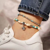 fashion personality womens anklet creative round beaded shell turtle pendant anklet two piece set 2021 trend new party gift